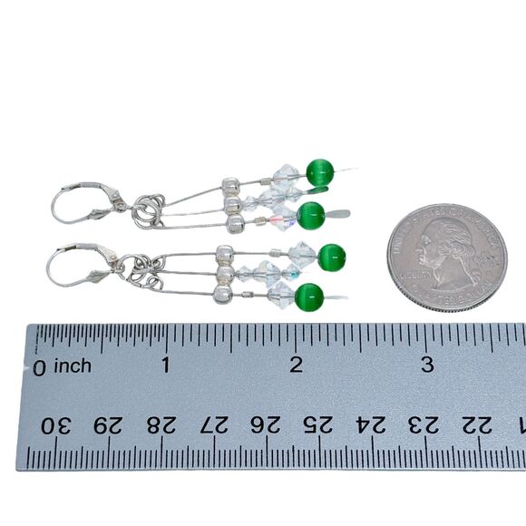 Vintage Sterling Silver 925 Crystal and Green Glass Beaded Dangle Earrings - Picture 4 of 5